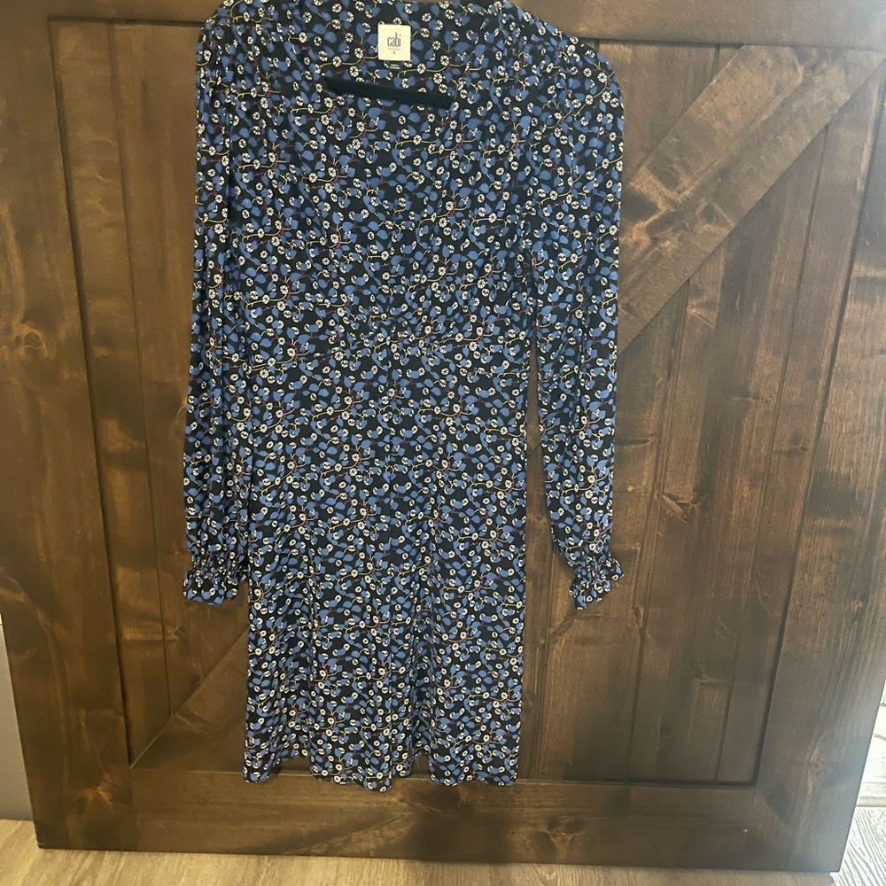 CAbi Navy and White Patterned Long Sleeve Dress